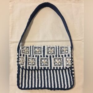 Beaded Stripe Navy and White Floral Accent Shoulder Bag